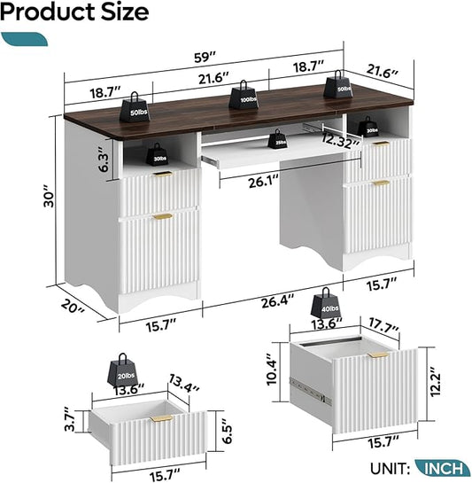 Bestier Computer Desk with Keyboard Tray, 59 inch Office Desk with 4 Drawers, Modern Home Office Desk with File Drawer (Walnut with White, 59" W with Double-Sided Drawers)