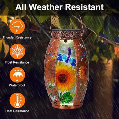 Solar Lanterns Outdoor Hanging Lights Decor Dragonfly Lantern Waterproof Metal LED Sunflower Light Decorative Garden,Yard,Patio,Lawn,Gifts for Women Mom