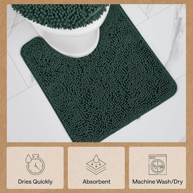 GORILLA GRIP Plush Absorbent Shaggy Chenille Bath Rug Mat for Square Toilet Base with Rubber Backing, Machine Washable Rugs, Soft Microfiber Contour Mats for Toilets, Bathroom Decor, Hunter