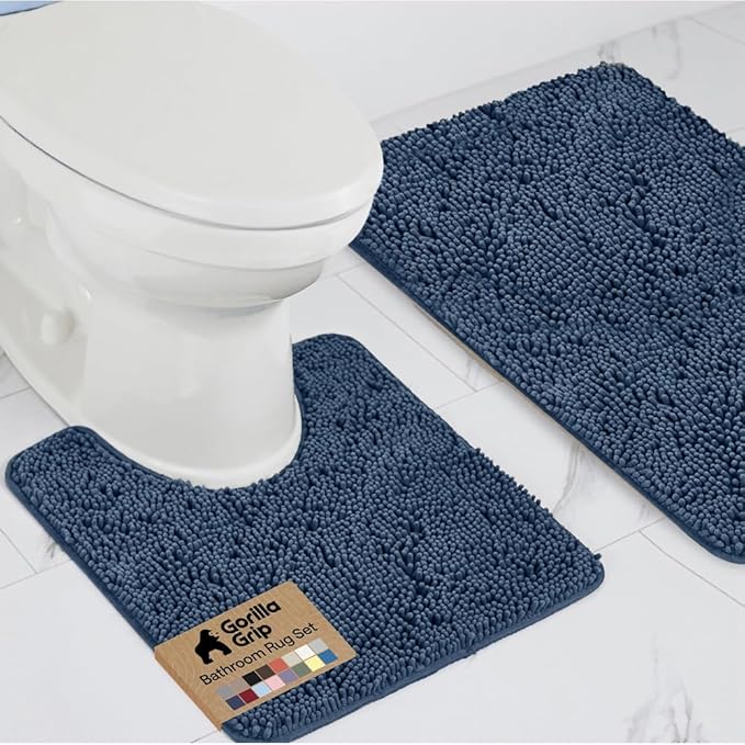 GORILLA GRIP Bathroom Rug Sets, Soft Chenille 2 Piece Area Rugs Set, Toilet Base Mat and 30x20 Carpet, Absorbent Microfiber Washable Mats Dry Quickly, Home Décor and Bath Room Accessories, Navy Blue