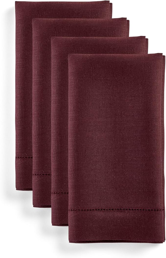 Solino Home Linen Cloth Napkins Set of 4-100% Pure Linen Burgundy Dinner Napkins 20 x 20 Inch for Fall, Autumn, Christmas, Winter, New Year - Classic Hemstitch, Handcrafted and Machine Washable