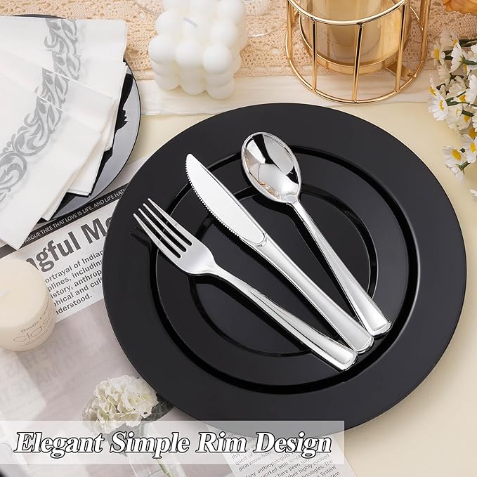 BESTSTAR 100PCS Black Plastic Plates Set, 50 10.25 inch Dinner Plates and 50 7.5 inch Dessert Plates, Premium Disposable Plates for Party, Wedding,Halloween