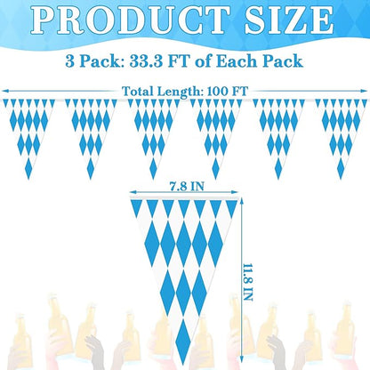 100 FT Oktoberfest Party Decorations, 3 Pack Pre-assemble Pennant Banner Flags, Plastic Blue and White Checkered Hanging Oktoberfest Decor German Bavarian Beer Festival Indoor Outdoor Party Supplies