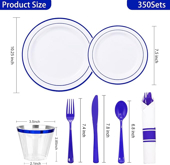 WELLIFE 350 Pcs Blue Plastic Plates for 50 Guests - Plastic Dinnerware Set,Party Supplies Includes 100 Blue Disposable plates,150 Silverware,50 Napkins,50 Cups,Hanukkah Plates