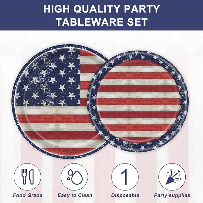 168Pcs Retro Independence Day Tableware Set, 4th of July Plates and Napkins for American Memorial Day Decorations, Stars and Stripes Pattern Patriotic Party Supplies, Serves 24