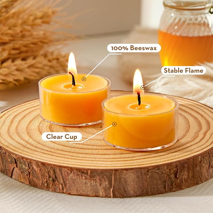 Unscented Beeswax Tea Lights Candles 20 Pack, 4 Hours Long Burning Handmade Yellow Tealight Candles, Clear Cup Smokeless Beeswax Candles for Wedding, Christmas Lights, Centerpiece & Home Decor