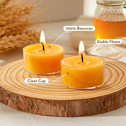 Unscented Beeswax Tea Lights Candles 30 Pack, 4 Hours Long Burning Handmade Yellow Tealight Candles, Clear Cup Smokeless Beeswax Candles for Wedding, Christmas Lights, Centerpiece & Home Decor