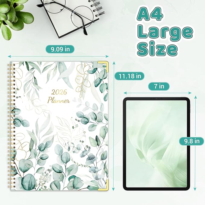 Daily Planner 2026, 8.5" x 11", Weekly & Monthly Planner from JAN.2026 to DEC.2026, Column View Calendar Organizers, Spiral Hardcover Agenda Book with Tabs for Office School Supplies, Leaves