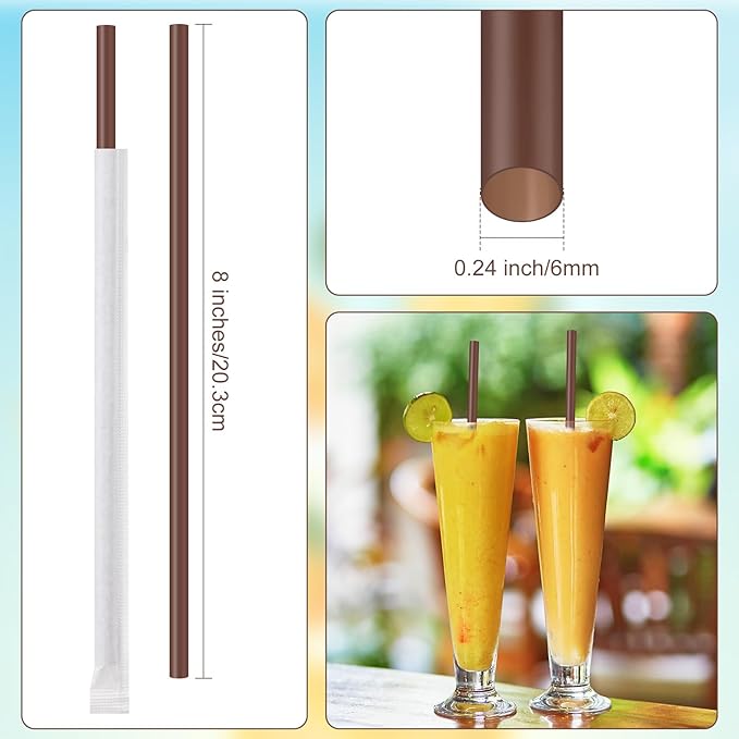 Hoolerry 2000 Pcs 8 Inch Plastic Straws Disposable Individually Wrapped Drinking Straight Long Straws, 0.24" Wide, for Hot and Cold Beverages (Coffee Color)