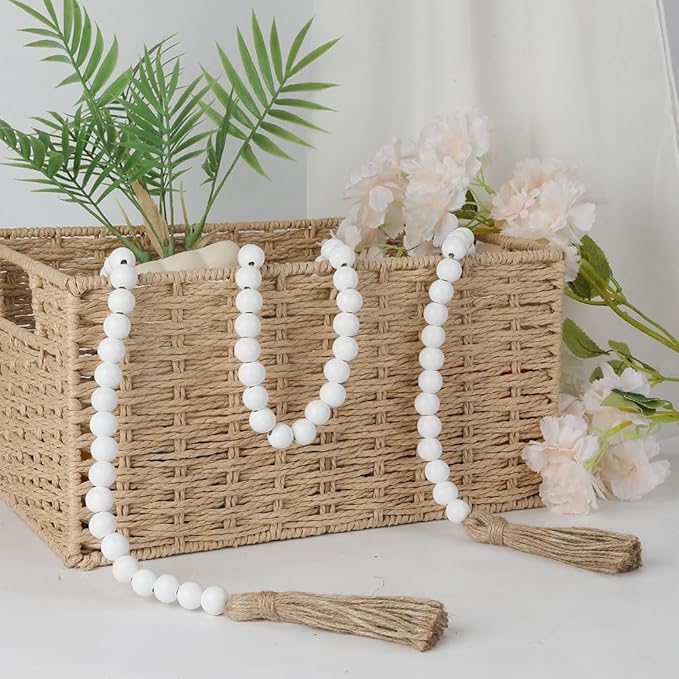 Wood Bead Garland 58 Inch White Wooden Beads for Boho Farmhouse Table Home Decor with Tassel, Wooden Prayer Bead, Rustic Country Boho Wall Hanging Decor for Kitchen Modern Living Room Tray Vase Shelf