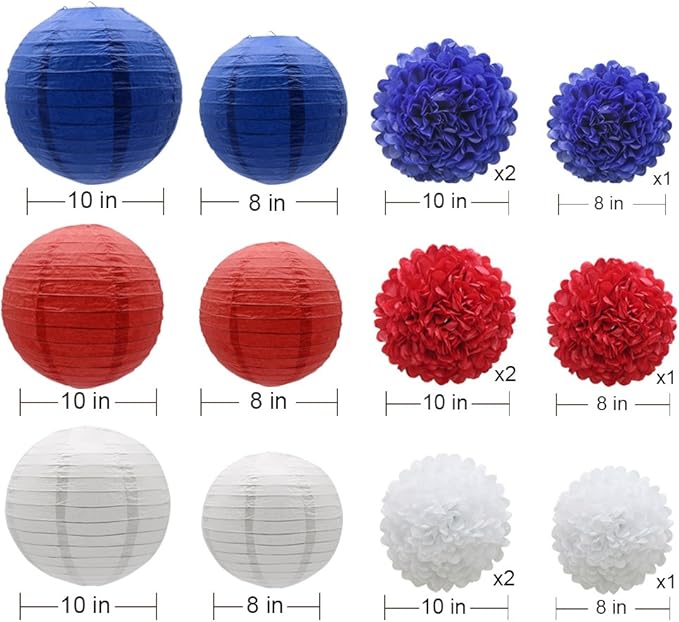 KAXIXI Hanging Party Decorations Set, 15pcs Navy Blue White Red Paper Flowers Pom Poms Balls and Paper Lanterns for 4th of July Decorations Patriotic Decoration Wedding Birthday Baby Shower