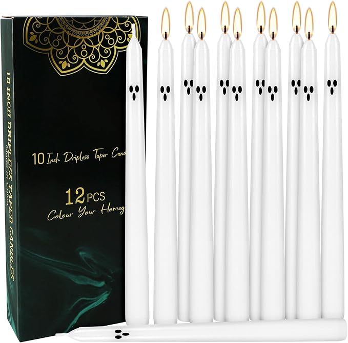 12pack 10inch Ghost Halloween Taper Candles-unscented White Spooky Candles Decorations Halloween Ghost Shaped Decor for Party Favor Home Table