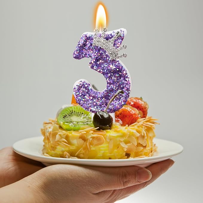 Birthday Number Candles,Purple Crown Birthday Candles for Cake,Glitter Number 3 Candle Cake Topper with Sequins for Anniversary Celebrations Supplies (Number 3)