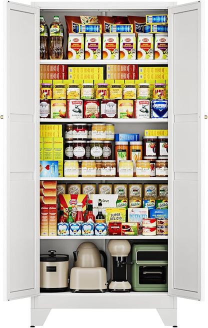 Letaya 75" H Metal Storage Cabinet with 2 Doors and 4 Shelves,Tall Kitchen Pantry Cabinets,Farmhouse Utility Pantry Organizers for Cupboard/Dining/Bathroom/Home Office/Garage Room,White