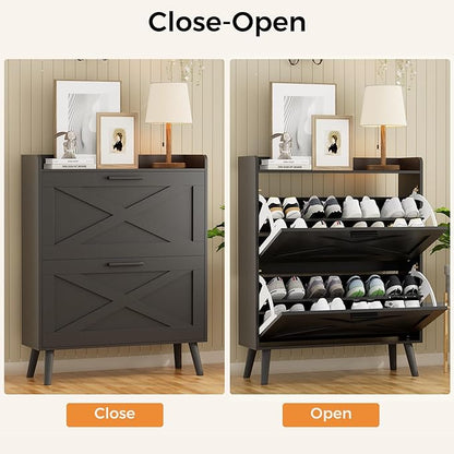 32" W Farmhouse Shoe Storage Cabinet with 2 Flip Drawers and Barn Door Design, Adjustable Shelves, Modern Hidden Slim Narrow Shoe Rack Cabinet for Entryway, Foyer, Hallway, Living Room, Black