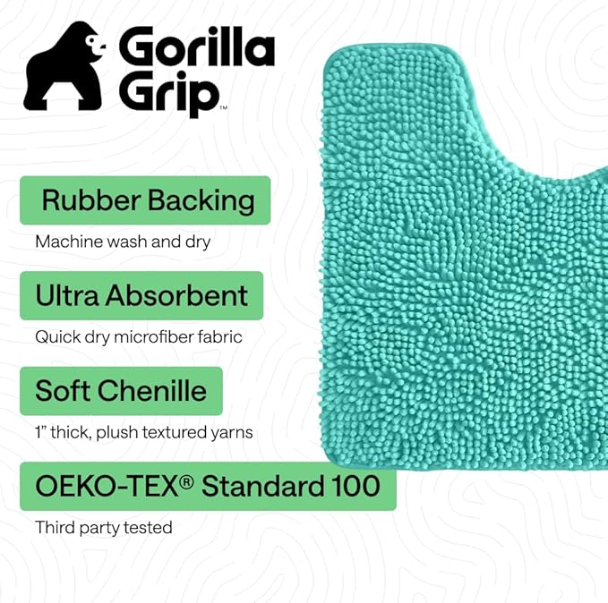 GORILLA GRIP Bathroom Rug Sets, Soft Chenille 2 Piece Area Rugs Set, Toilet Base Mat and 30x20 Carpet, Absorbent Microfiber Washable Mats Dry Quickly, Home Décor and Bath Room Accessories, Turquoise