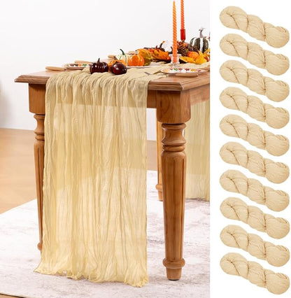 Champagne Gold Cheesecloth Table Runner 10 Pack Christmas Table Runners Boho Gauze 120 Inches Champagne Cheese Cloth Table Decor for Xmas Holiday Season Parties Wedding Bridal Baby Shower