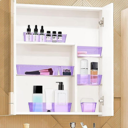 10 PCS Drawer Organizer Set, 4 Varied Size Bathroom and kitchen Drawer cabinet organizer Trays, Clear Storage Bins for Makeup, Jewelry, Utensils and Gadgets, Purple