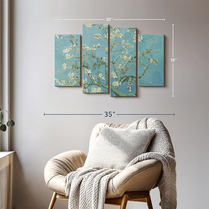 ElephantStock Almond Blossoms Wall Art - Horizontal Canvas - 4-Piece Living Room Wall Decor - Flower Painting Canvas Print - Blue and Green Decor for Wall by Vincent Van Gogh - 30" X 18"