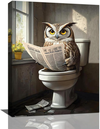 Owl Bathroom Wall Art, Funny Owl Toilet Pictures Wall Decor, Bird Canvas Prints, Animal Painting, Framed Artwork for Bathroom Living Room Bedroom Office Dining Room 24"X20"