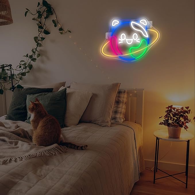 Lucunstar Planet Cat Neon Sign Cute Neon Light Signs for Wall Decor Cat LED Lights USB Connectivity Adjustable Brightness Earth Decor for Home Wall Bedroom Pet Shop Gifts for Geography Lover