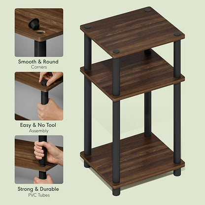 Furinno Turn-N-Tube Side Table, 3-Tier End Table with Open Shelf, Toolless Assembly Night Stand, Bedside Table, for Living Room, Bedroom, Brown Walnut