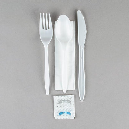 100 Pack Medium Weight Wrapped white Plastic Cutlery Pack with Napkin and Salt/Pepper Packets (White)