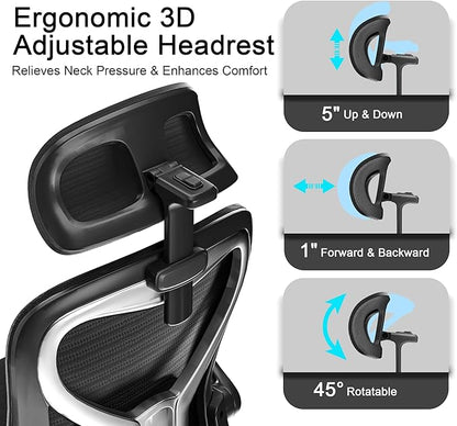 Ergonomic Office Chair, Mesh Desk Chair with Headrest, Lumbar Support, Thick Seat Cushion, Flip-up Arms, High Back Computer Task Chairs for Home Office, Black/Silver