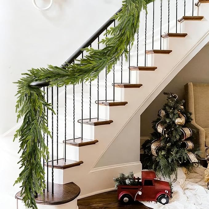 9FT Christmas Garland Norfolk Pine Garland Real Touch Faux Greenery Cedar Garlands for Mantle,Table,Wall,Christmas Decorations Indoor Outdoor