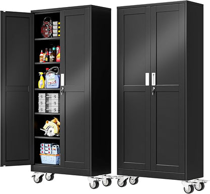 75''H Metal Garage Storage Cabinet with Wheels,Steel File Cabinets with 2 Doors and 5 Adjustable Shelves for Home Office, Warehouse, Required Assembly,Black