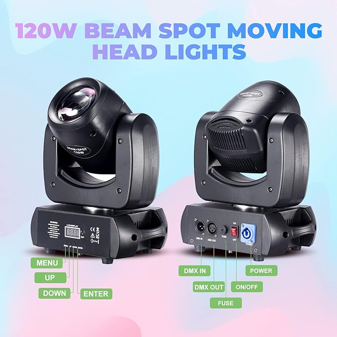 120W LED Moving Head Dj Light Roto Prism Beam Stage Lights 2 Pack, 8 GOBOs 8 Colors DMX 512 12CH Sound for Disco Party Stage Lighting (2)