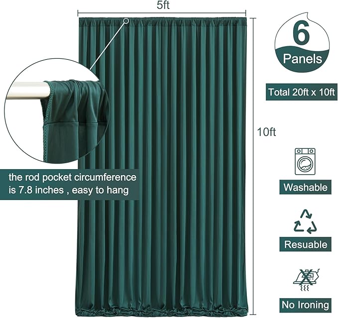 6 Panels Hunter Green Backdrop Curtain for Parties Wrinkle Free Dark Green Photo Curtains Backdrop Drapes Fabric Decoration for Baby Shower Birthday Party Photography 30ft(W) x 10ft(H)