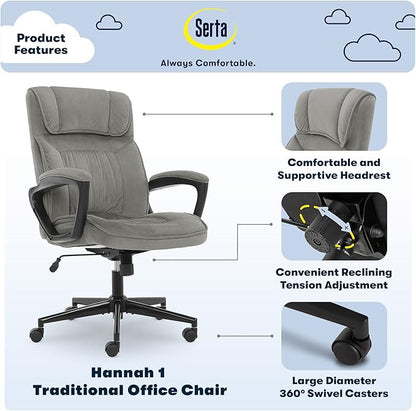 Serta Hannah Executive Home Office Desk Chair, Ergonomic Mid-Back with Lumbar Support, Firm Seat Cushion, Layered Body Pillows, Padded Armrests, Swivel Base, Easy Assembly, Microfiber, Black/Grey