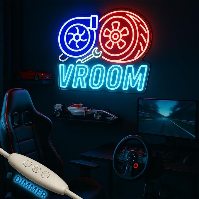 VROOM Neon Sign for Car Lovers - 15.7’’ × 12.6’’ LED Wall Light with Turbo & Tire Design, USB Powered, Dimmable Garage Decor for Man Cave, Racing Room, Gamer Setup, Auto Enthusiast Gift