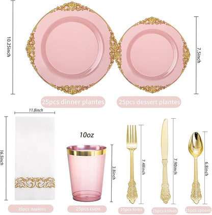 Hioasis 175pcs Burgundy and Gold Plastic Plates - Elegant Disposable Dinnerware Set Suitable for 25 Guests Include 10.25" Dinner & 7.5" Dessert Plates, Cutlery, Napkins, Cups for Party