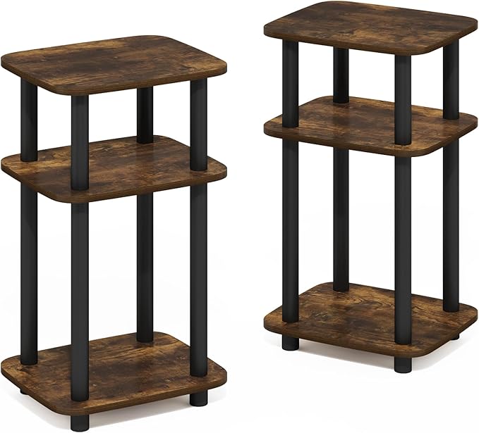 Furinno JUST Side Table Set of 2, 3-Tier Turn-N-Tube End Table with Open Shelf, Round Curve Corner Night Stand, Bedside Table, Easy Assembly, for Living Room, Bedroom, Amber Pine
