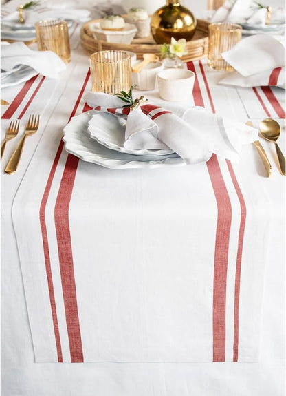 Solino Home Linen Table Runner 90 Inches Long - 100% Pure Linen Red and White French Stripe Table Runner 14 x 90 Inch for Dining, Christmas, Holiday, Winter, New Year