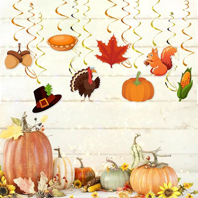 Thanksgiving Fall Hanging Swirls Party-Decorations - 24Pcs Streamers Garland,Turkey Maple Squirrel Pumpkin Ceiling Outdoor Indoor Windows Wall Autumn Baby Bridal Shower Wedding Decor Supplies Hugtmr