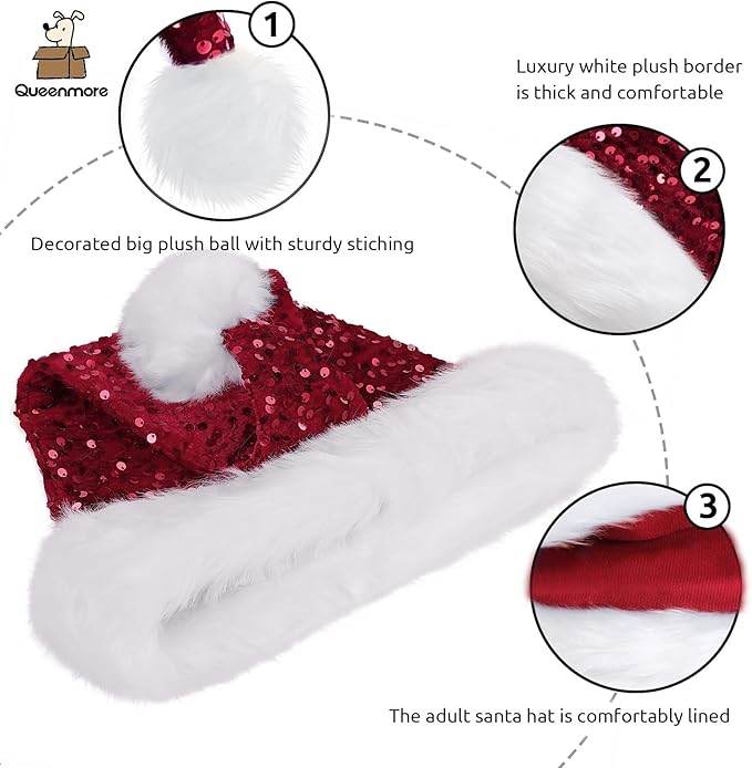 Queenmore Adult's Christmas Santa Claus Hat, Plush Santa Cap, Velvet Headwear, Lined and Fabric-Shedding Resistant