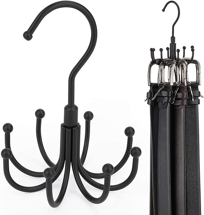 ZEDODIER 2 Pack Belt Organizer for Closet, Heavy-Duty Rotating Belt Hanger Rack Holds up to 48 Belts, Hanging Space Saving Metal Belt Holder for Closet Storage, Black
