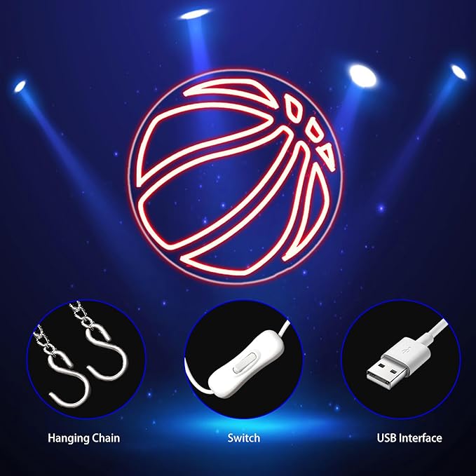 Basketball Neon Sign, Neon Signs for Wall Decor Red LED Light Up Signs Home Decor for Bedroom Club Party Bar Shop USB Operated