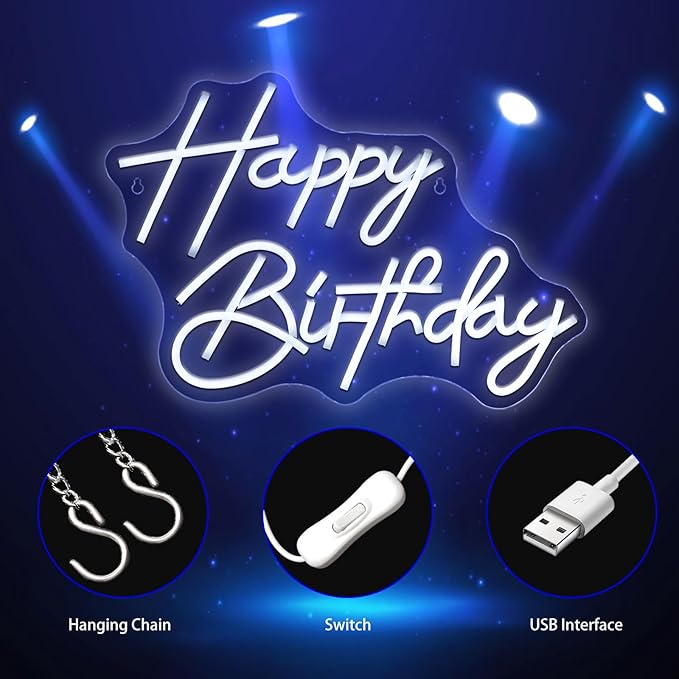 Neon Sign, Happy Birthday Neon Signs for Wall Decor White LED Neon Light Up Signs Home Decor for Birthay Business Club Party Bars Shop Decoration USB Operated