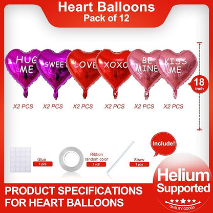 12 Pcs Red Heart Shaped Balloons 18 Inch XOXO | LOVE | SWEET Valentine Balloons for Valentines Day Bridal Shower Wedding Party Decorations (Red,Pink, Hot Pink)