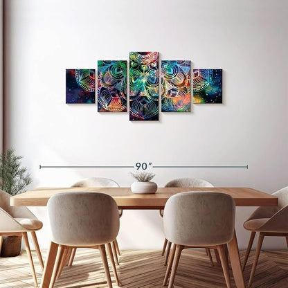 ElephantStock - Celestial Mandala Wall Art - Horizontal Multi Panel Canvas - 5 Piece Living Room Wall Decor - Digital Art Elements Multi Piece Wall Art - Turquoise And Blue Decor - 68" x 30"