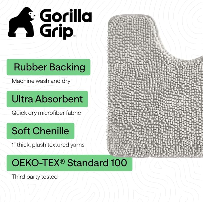 GORILLA GRIP Bathroom Rug Sets, Soft Chenille 2 Piece Area Rugs Set, Toilet Base Mat and 30x20 Carpet, Absorbent Microfiber Washable Mats Dry Quickly, Home Décor and Bath Room Accessories, Lt Gray