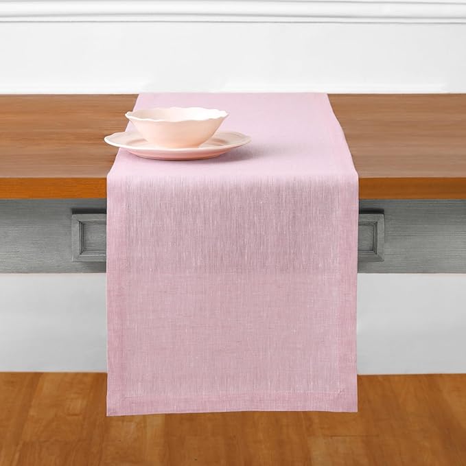 Solino Home Linen Table Runner 144 Inches Long - Athena, 100% Pure Linen Bubblegum Pink 14 x 144 Inch Table Runner for Dining