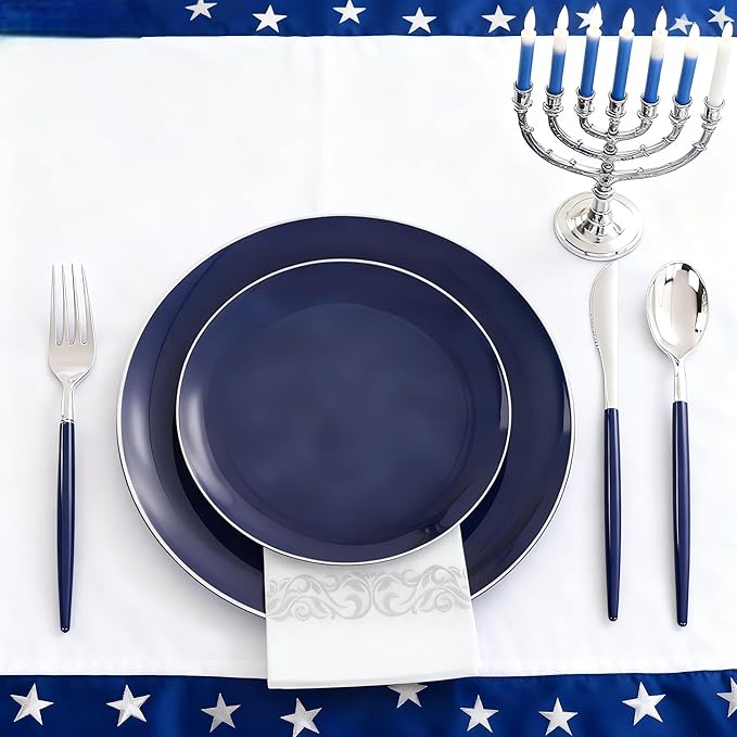 KIRE 175Pcs Blue Plastic Plates with Silver Rim & Disposable Silverware with Blue Handle & Silver-rim Cups & Hand Napkin & Plastic Dinnerware for Hanukkah/Parties/Wedding