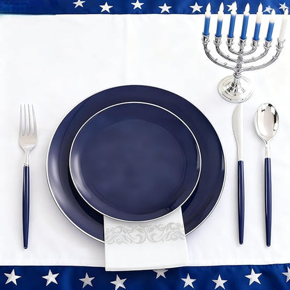 KIRE 175Pcs Blue Plastic Plates with Silver Rim & Disposable Silverware with Blue Handle & Silver-rim Cups & Hand Napkin & Plastic Dinnerware for Hanukkah/Parties/Wedding