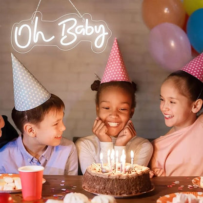 Oh Baby Neon Sign for Backdrop, 16.5”x 6.9” Dimmable Led Light up Sign for Baby Shower - Gender Reveal Birthday Party Decorations - White