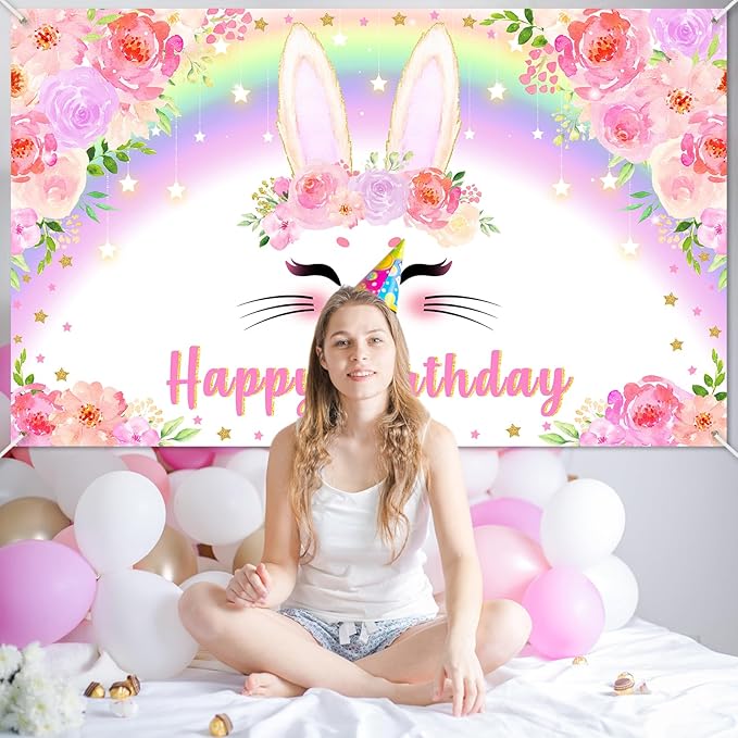 Avezano Bunny Birthday Banner Pink Floral Rainbow Bunny Happy Birthday Party Decorations Bunny Birthday Banner Decorations for Girls Rabbit Spring Easter Birthday Party Supplies 70.8 x 43.3 Inch